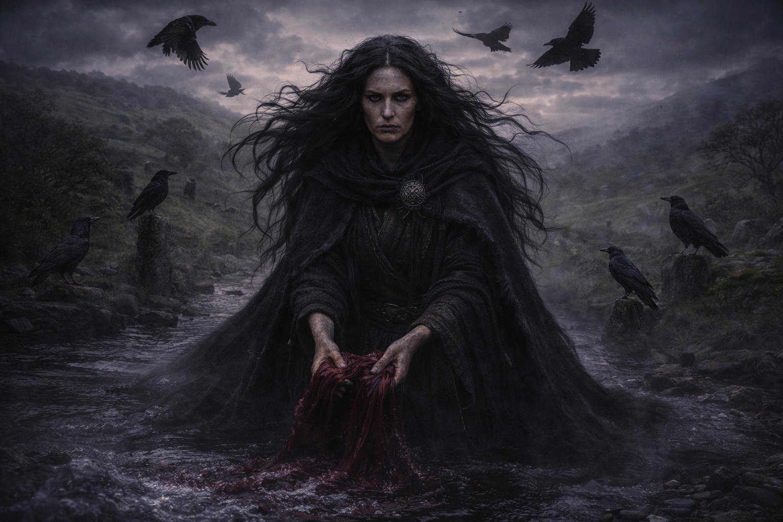 The Morrigan Celtic war goddess washing bloody cloth surrounded by ravens in misty Irish landscape