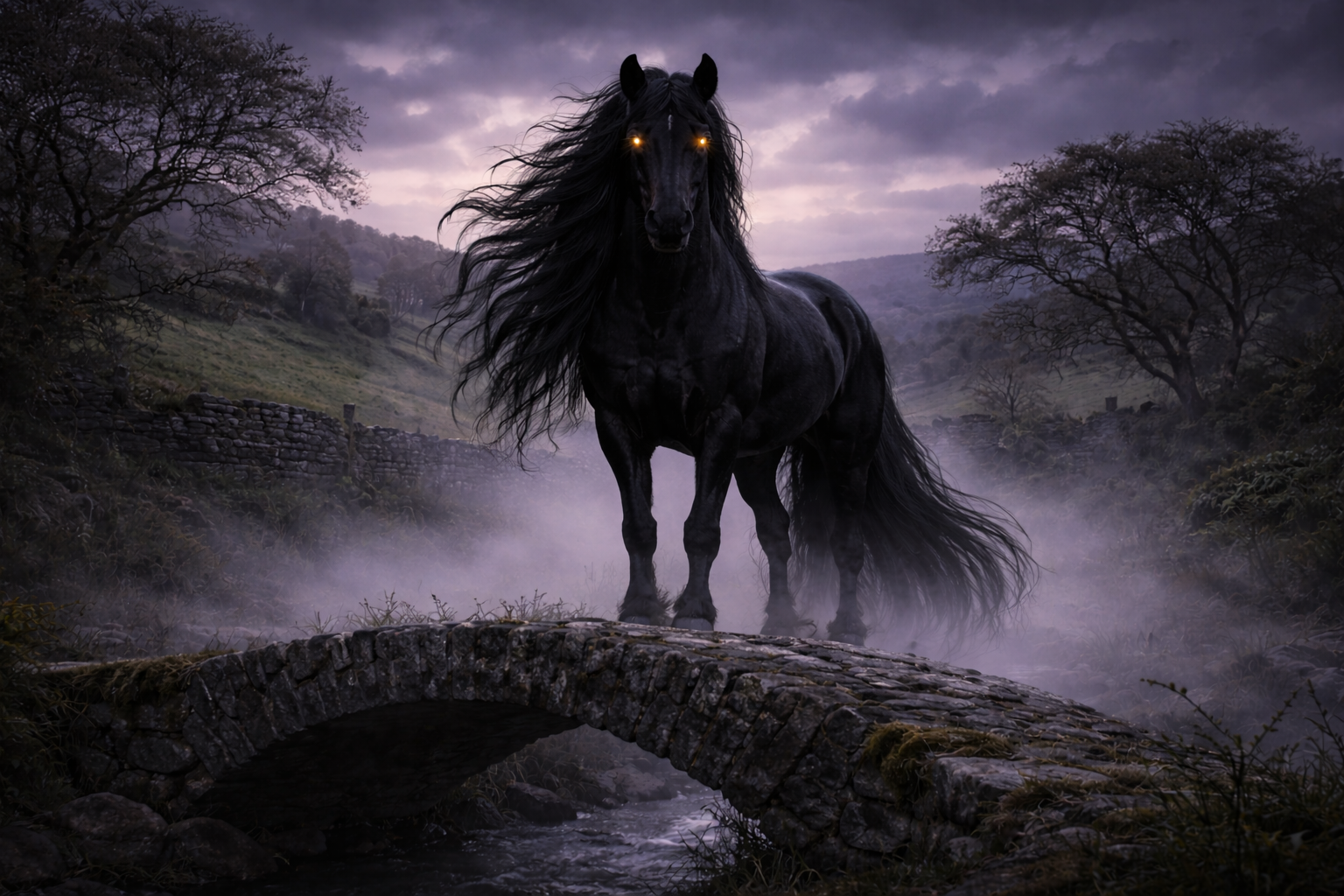 Black Púca horse with glowing golden eyes standing on ancient stone bridge in Irish twilight mist